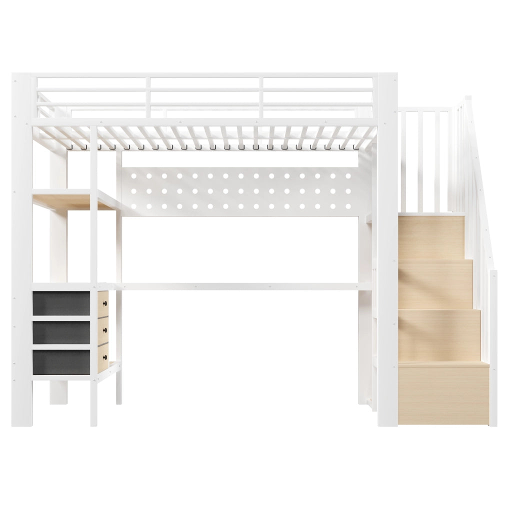 DESMIU Letto a soppalco 90 × 200 cm 1 posto con scrivania, ripiani, cassetti, LED e presa, senza materasso, bianco
