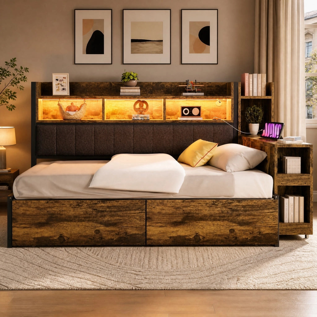 Letto singolo multifunzionale 90x200 cm con scrivania estraibile, cassetti, vani contenitore, prese integrate e LED