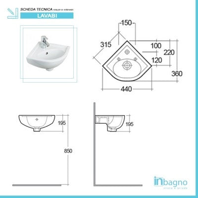 Lavabo angolare sospeso 44x36 cm salvaspazio in ceramica bianca lucida