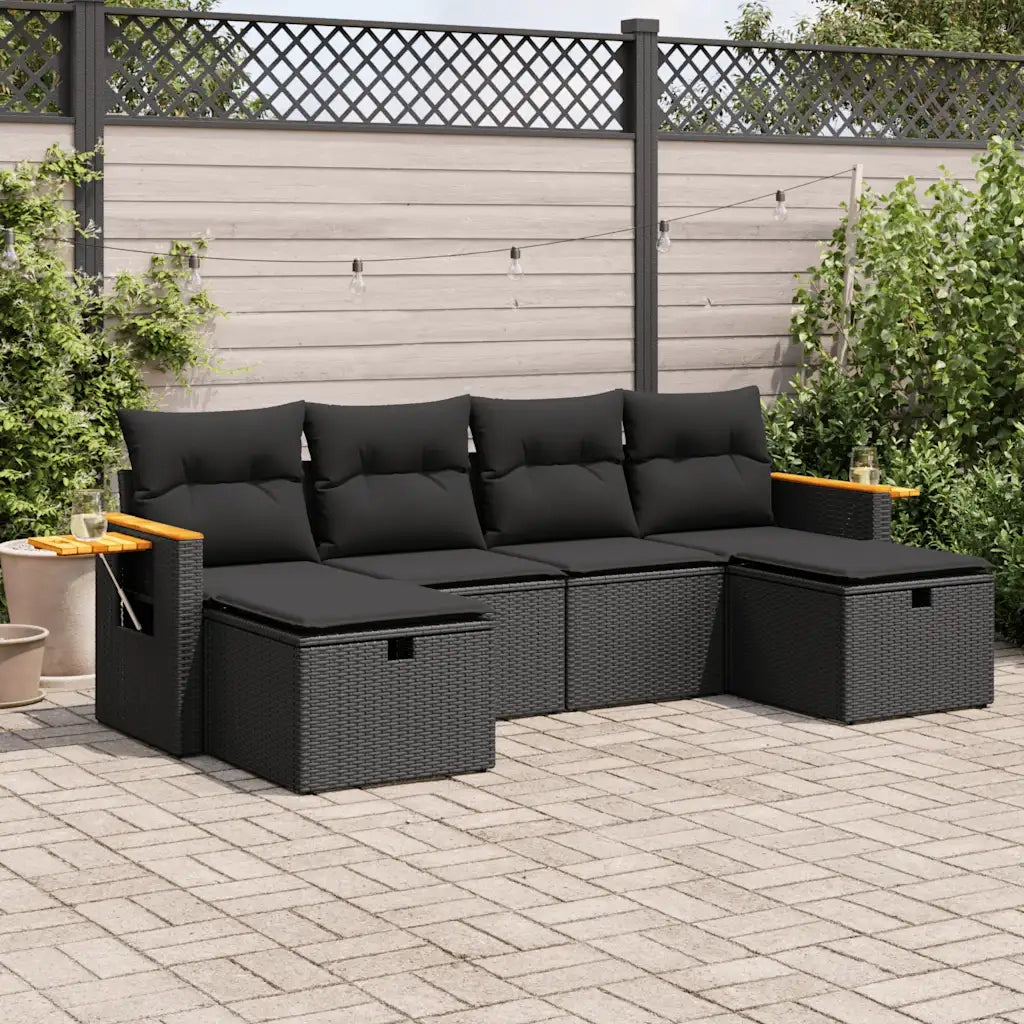 Set Divano da Giardino 6 pz con Cuscini Nero in Polyrattan 3325996