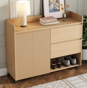 Scarpiera mobile in MDF naturale 110x35x86 cm con ruote frenanti e cassetti
