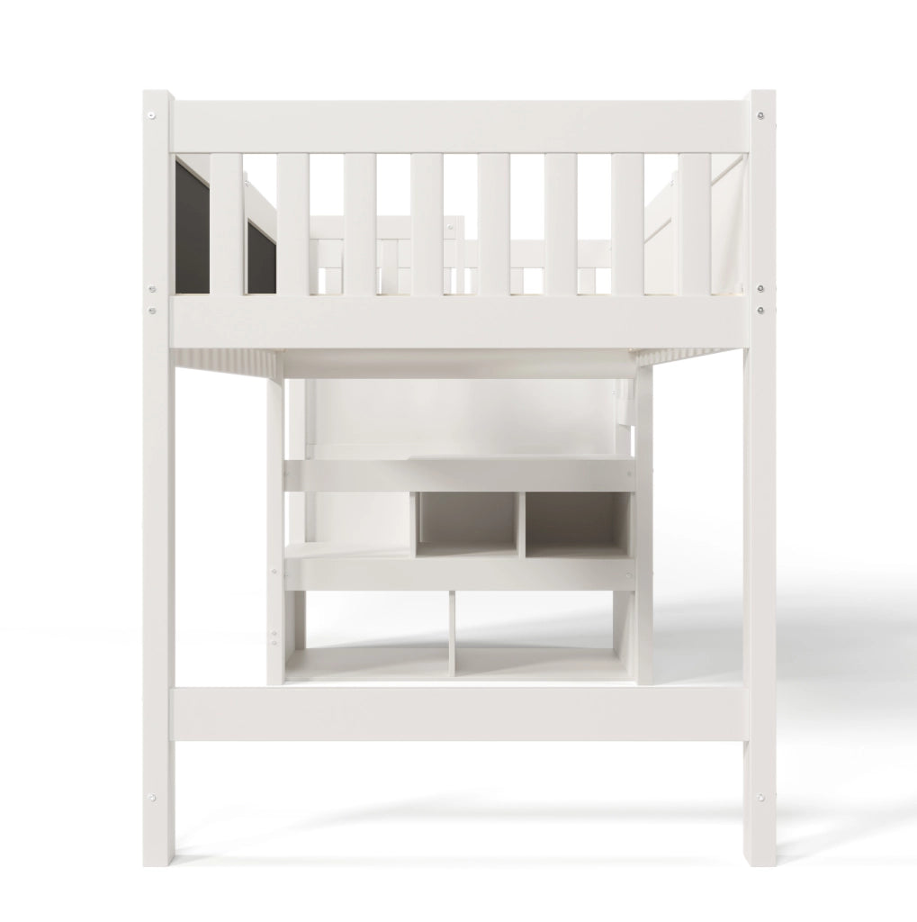 Letto a soppalco per bambini 90 x 200 cm bianco con scala contenitore e lavagna