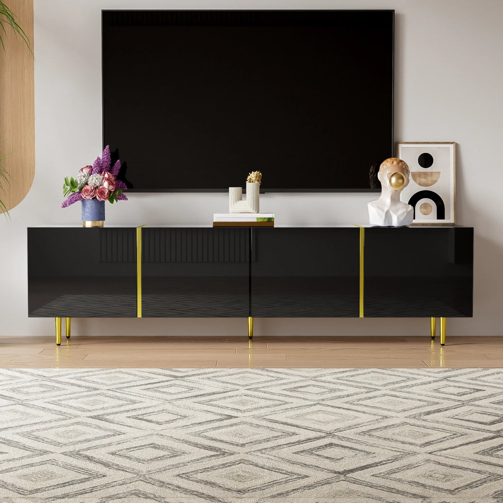 OKWISH Mobile TV con 4 Ante e Cerniere Soft Close, Finitura Lucida, per Soggiorno, MDF, Nero, 170×35×46 cm