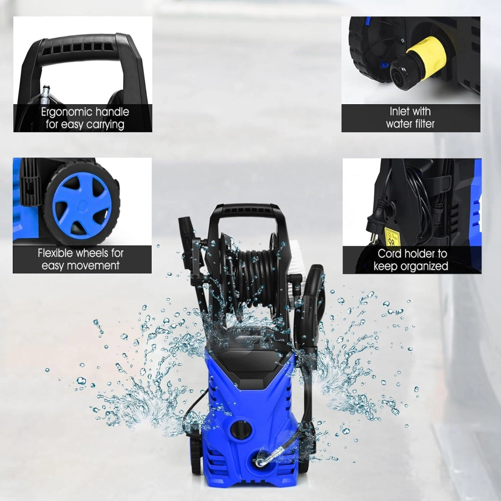 Pulitore ad alta pressione 1500 W, pulitore elettrico 140 bar, 5 l/min, con ugelli, raccordo ingresso acqua, vasetto da bucato, spazzola cavo elettrico 5 m, per auto, terrazza, parete (blu+nero)