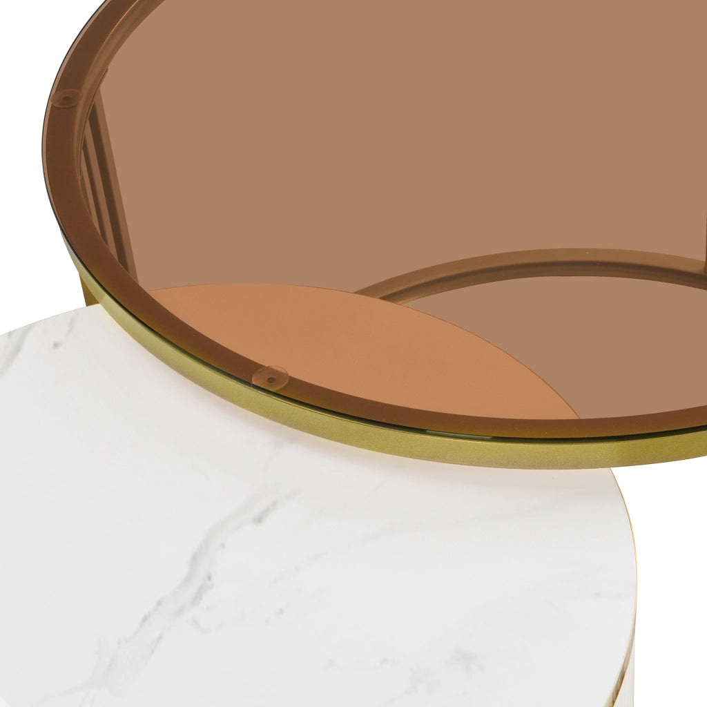 TAVOLINO DA CAFFÈ ROTONDO 70x70x45 + 50x50x40 cm Bianco Vetro MDF Set 2 pezzi