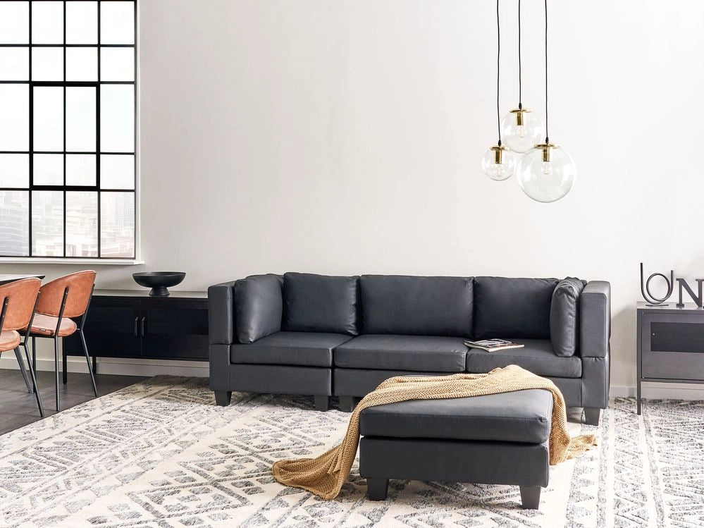 Divano Componibile Rivestito In Tessuto Nero 3 Posti con ottomano stile moderno