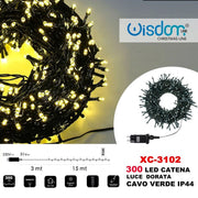Trade Shop - Catena Luminosa 300 Luci Led Lucciole Luce Dorata Cavo Verde Ip44 Xc-3102 -