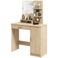 Toeletta da Camera con Armadietto, Cassetto, Specchio per Trucco e Ripiani Aperti, 90x38x138 cm, Acero