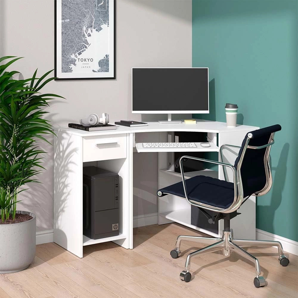 Scrivania angolare Odin, Bianco, 83 x 76 cm Set con armadio PC, con ripiano estraibile per tastiera e vano aperto per dispositivi
