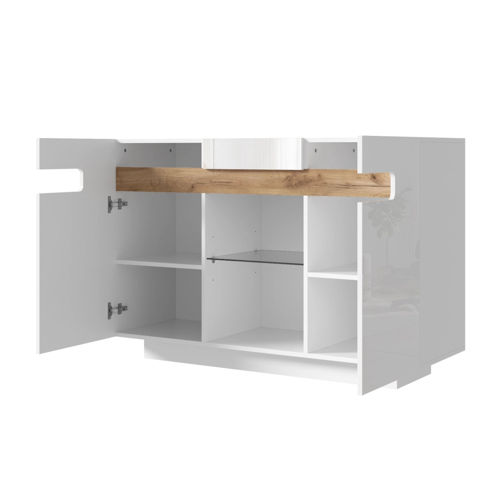 Credenza moderna con LED, fronti lucide, 120 ¡Á 40 ¡Á 80 cm, bianco e effetto legno naturale