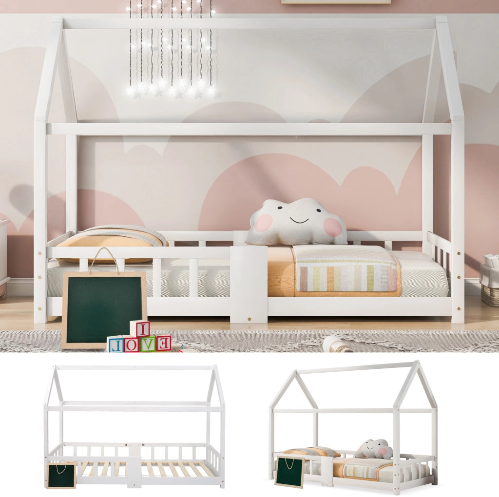 Letto per bambini a casetta 90x200 cm in legno di pino; bianco con lavagna