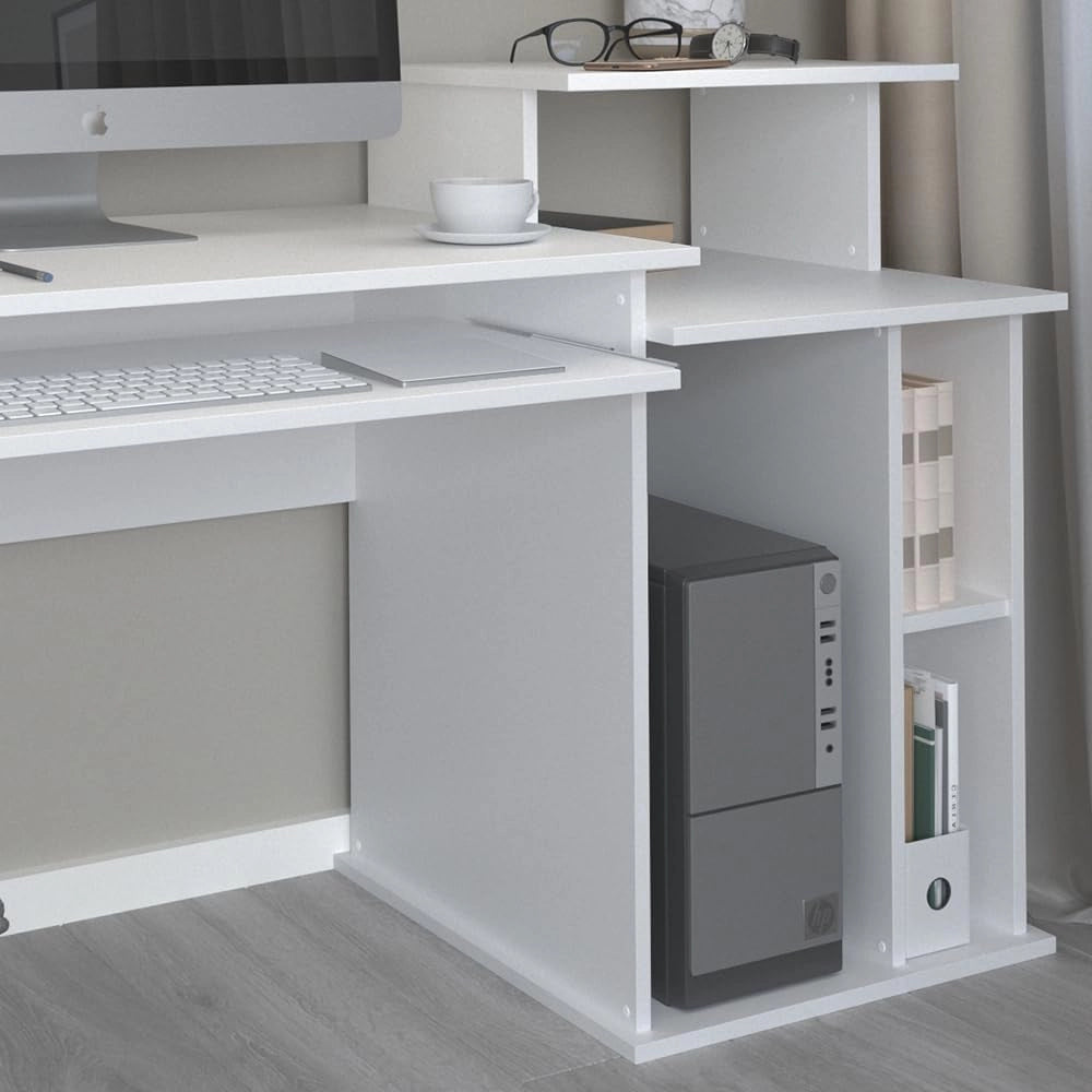 Scrivania con ripiani Jan, Bianco, 130 x 55 cm, con sovrastruttura e ripiano estraibile per tastiera