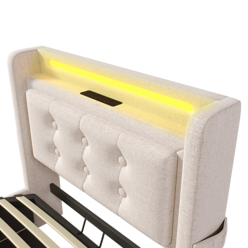 Letti contenitori 90x200 cm; testiera con LED e prese USB; cotone lino; beige (Senza materasso)