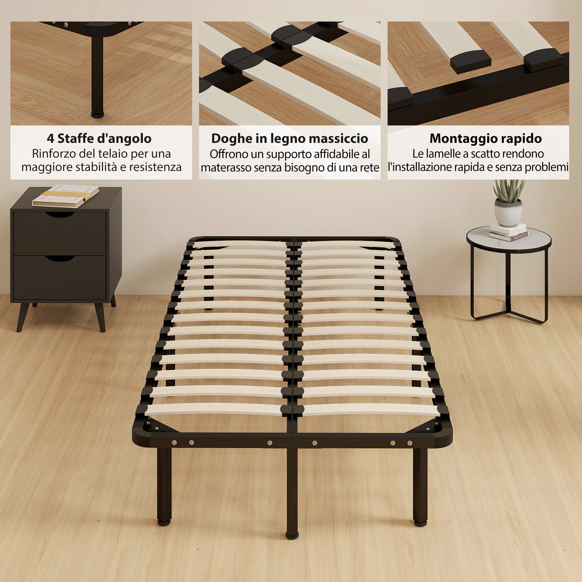 Rete Fissa Letto Singolo 190x90x31 cm a 28 Doghe con Spazio Sottostante in Legno e Acciaio Nero e Legno