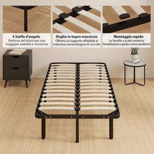 Rete Fissa Letto Singolo 190x90x31 cm a 28 Doghe con Spazio Sottostante in Legno e Acciaio Nero e Legno