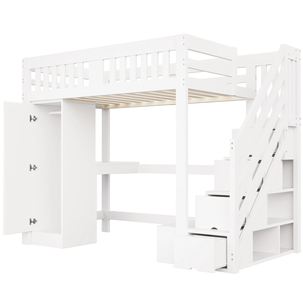 Letto a soppalco multifunzione 140x200 cm bianco in legno con scrivania; LED e contenitori