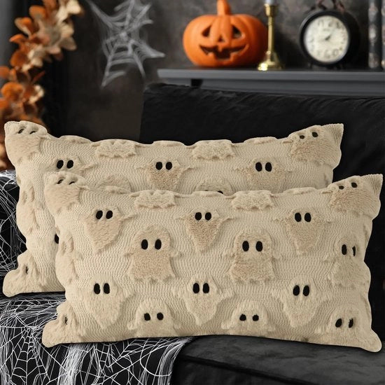 Piuma Decorativa Halloween - Telaio in Pluche - Beige - Motivo Spettrale - Ideale per Divano e Letto - 30x50cm