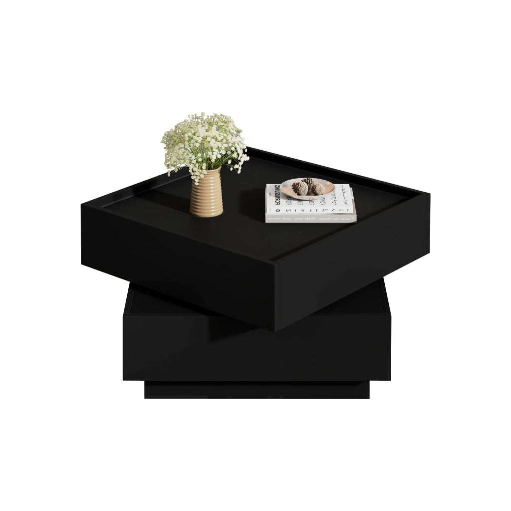 Tavolino basso girevole a 360° con 2 cassetti e bordo rialzato per soggiorno in truciolare nero 60 × 60 × 38 cm