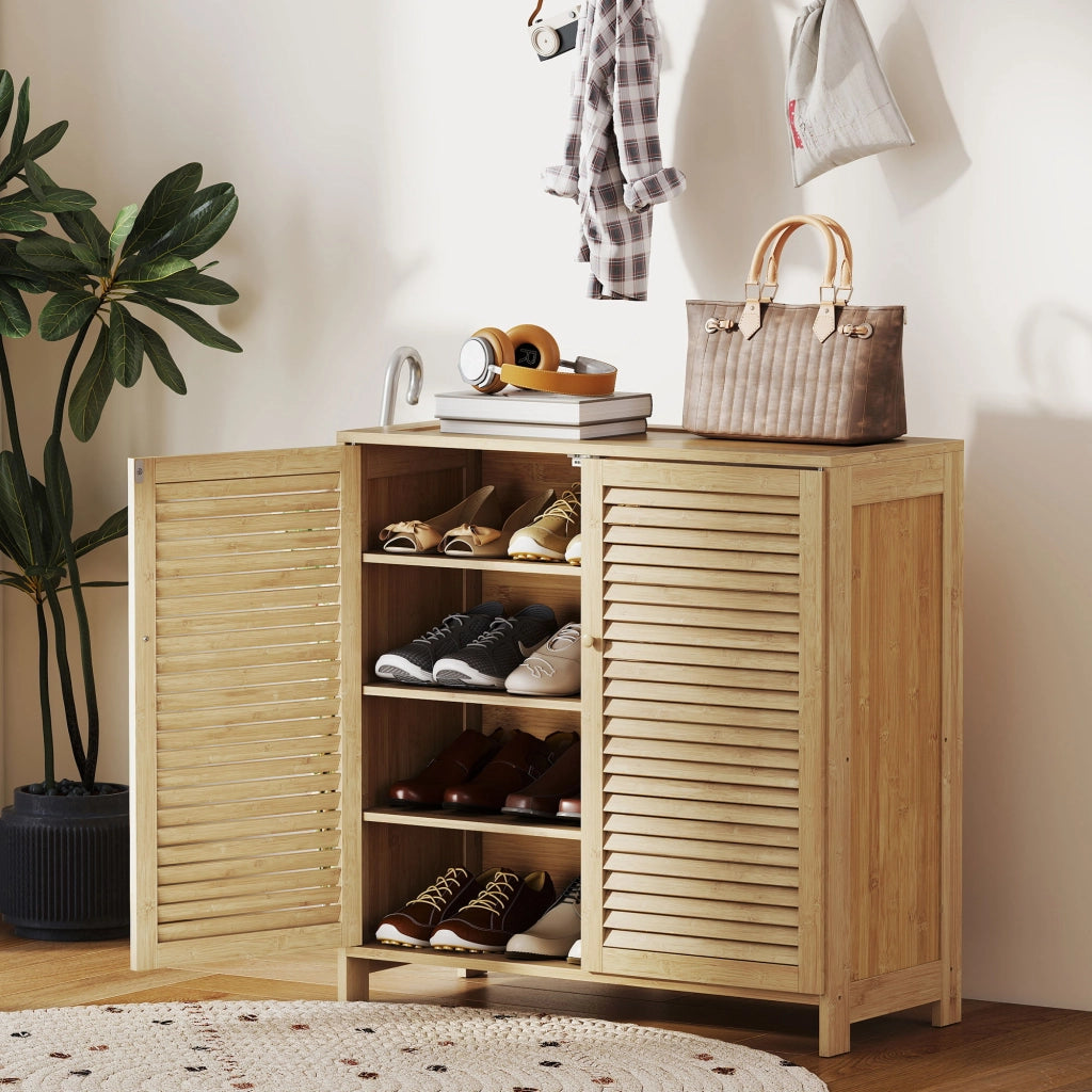 Armadio per Scarpe in Bamb¨´ ¨C Zephmum ¨C Porte a Persiana, Capacit¨¤ 14 Pares, Natural