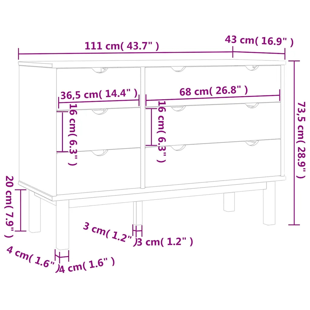Cassettiera OTTA 111x43x73,5 cm cm in Legno Massello di Pino 348585