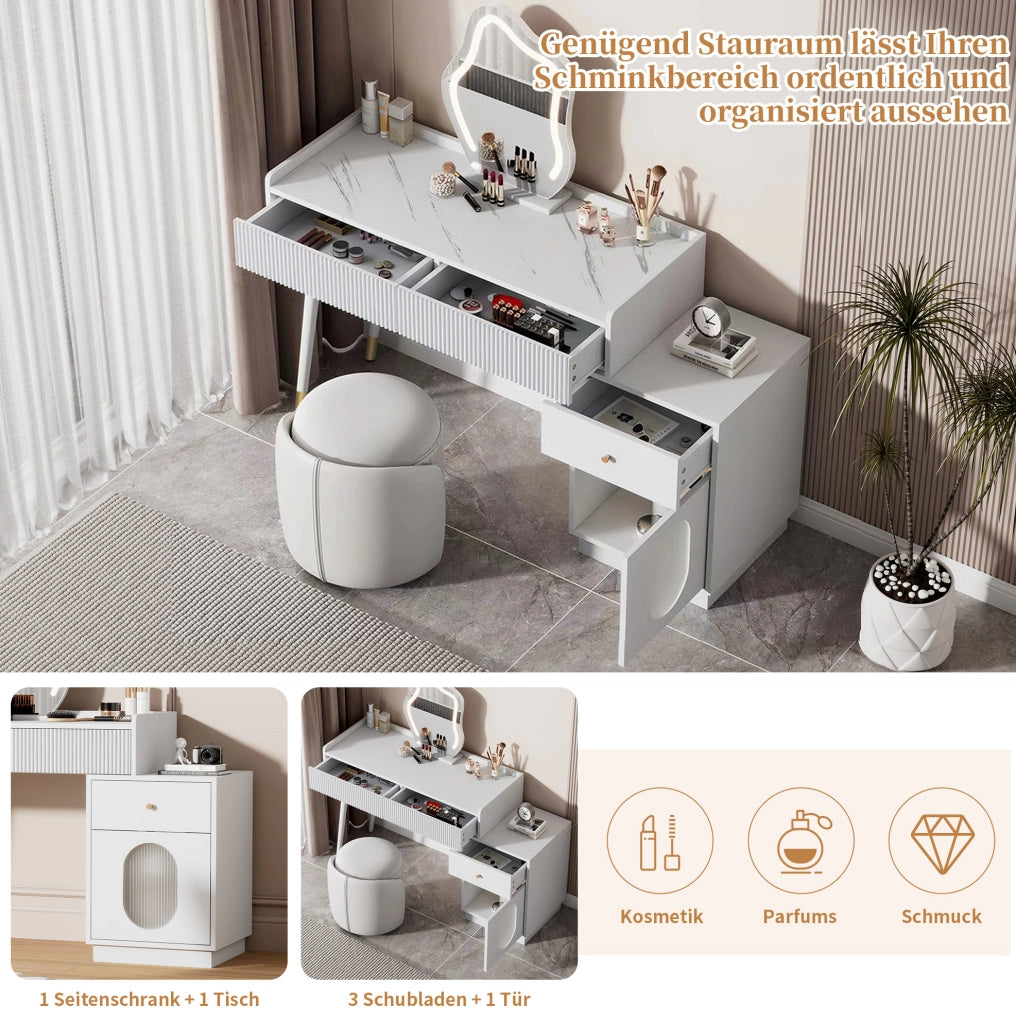 Toeletta bianca con LED touch, 2 cassetti e mobile laterale, 100x40x75 cm
