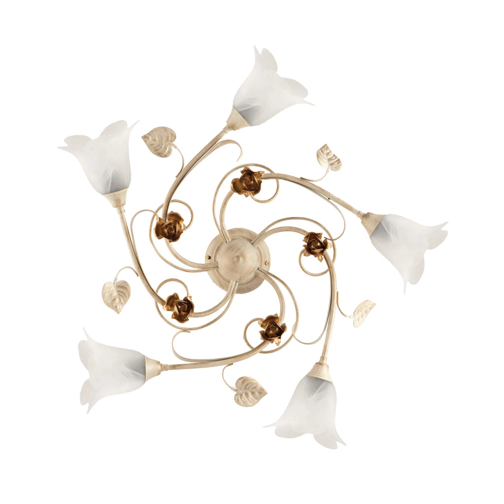Plafoniera Classica Arte Povera 5 Luci Ferro Battuto Avorio E Oro Serie Cestino