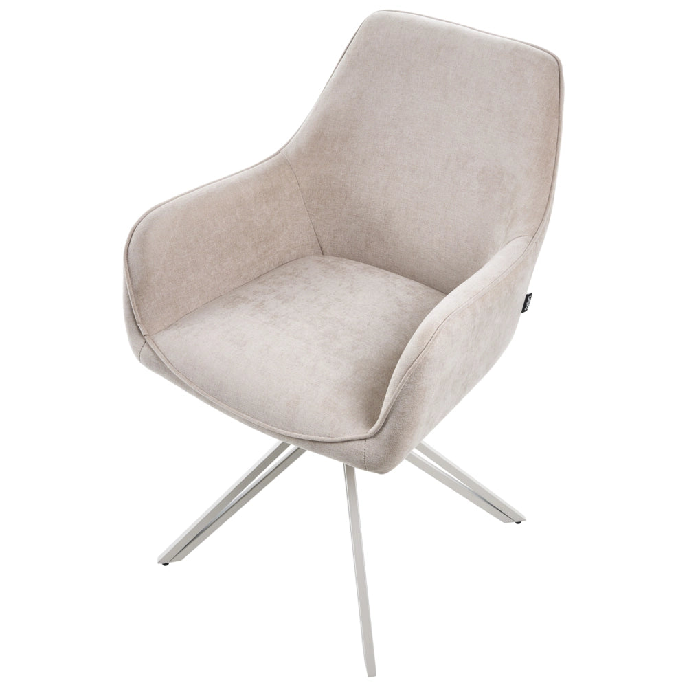Set di 2 sedie da pranzo girevoli in tessuto beige con braccioli e schienale, gambe in metallo beige, stile retrò-contemporaneo