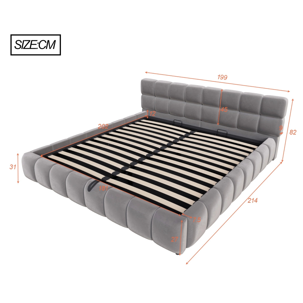 Letto contenitore capitonné con LED multicolore e vano idraulico LEMONMAX; 180x200 cm; testiera imbottita; velluto; grigio