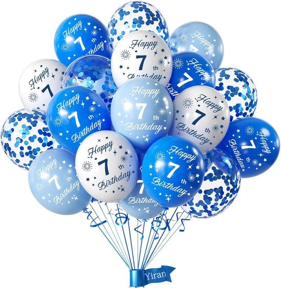 Decorazioni per Festa di Compleanno 7 Anni - Blu e Bianco per Ragazzi - 20 Pezzi