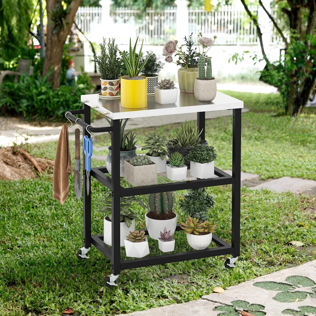 Carrello Grill da Esterno a 2/3 Piani, Supporto per Forno per con Piano e Maniglia in Acciaio Inossidabile, Carrello per Barbecue con Ganci e Ruote, Multiuso(3 Livelli)
