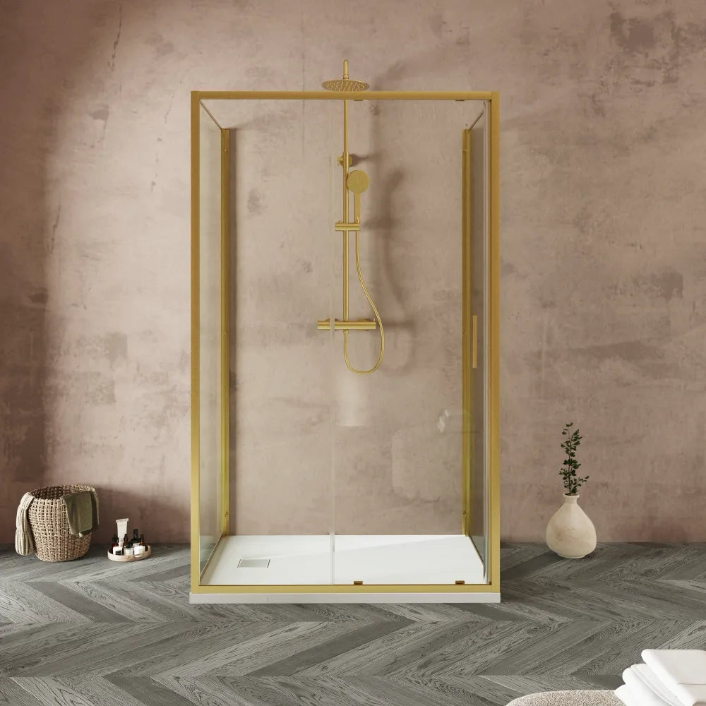 Box doccia tre lati 90x110x90cm con porta scorrevole profili oro spazzolato vetro 6mm trasparente anticalcare h190| Portofino
