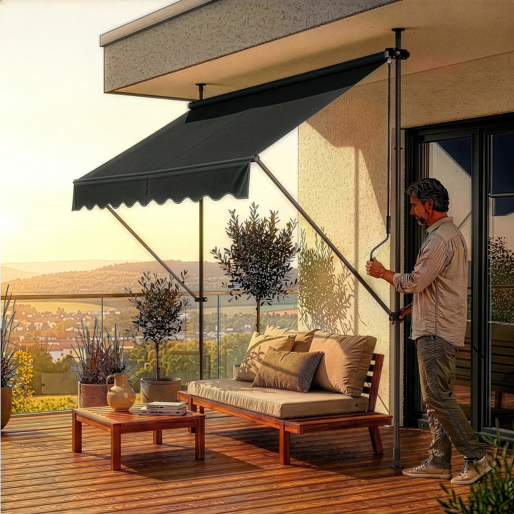 Tenda da Sole a Muro con Pali di Supporto Telescopici Parasole 150 x 120 cm (LxP) Nero pro.tec