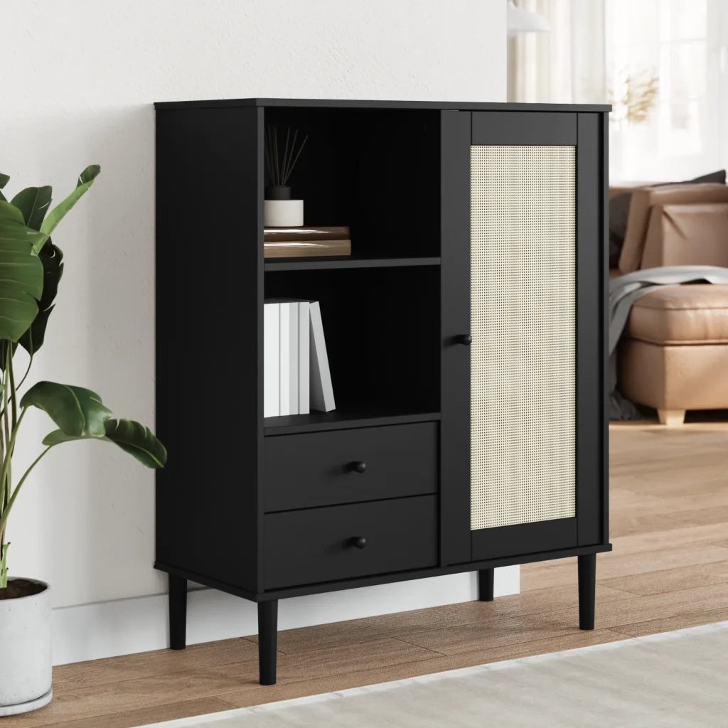 Credenza SENJA Aspetto Rattan Nero 90x40x112 cm Massello Pino 358057