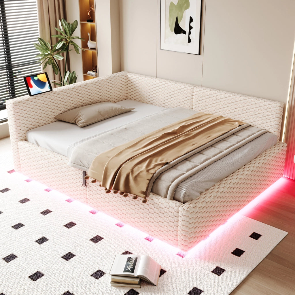 LETTO Contenitore 140x200 cm Velluto Beige con LED, 2 USB e Type-C