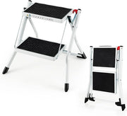 Scaletta con 2 Gradini, Sgabello Pieghevole con Telaio in Metallo, Tappetini e Pedali Antiscivolo, Capacità di Carico di 150 kg, per Casa, Ufficio, Fattoria e Garage