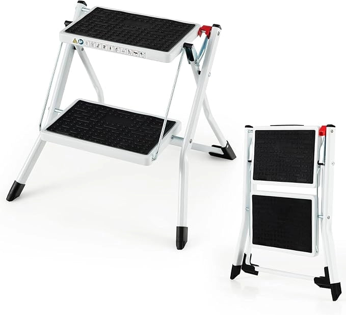 Scaletta con 2 Gradini, Sgabello Pieghevole con Telaio in Metallo, Tappetini e Pedali Antiscivolo, Capacità di Carico di 150 kg, per Casa, Ufficio, Fattoria e Garage