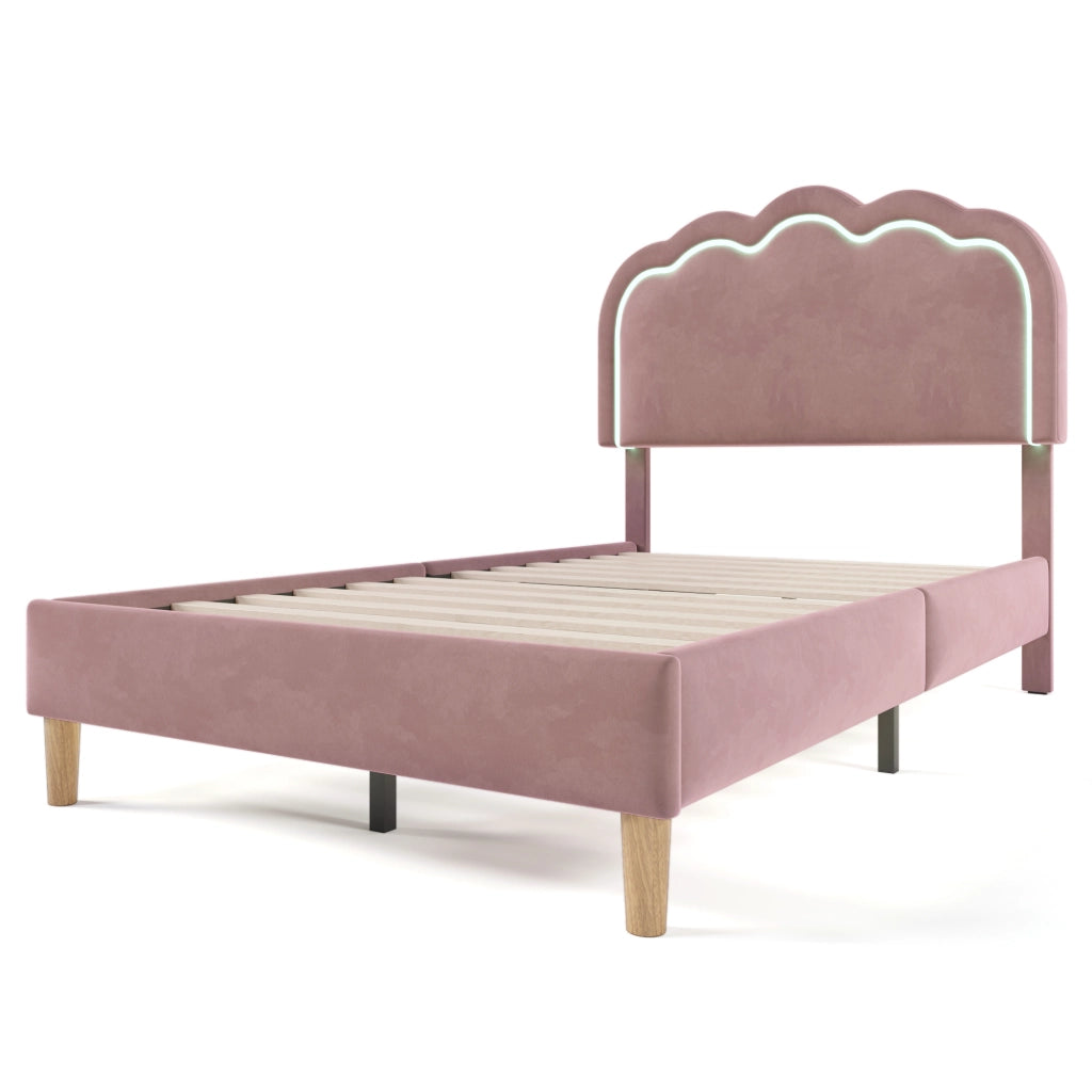 Letto Singolo 90 x 200 cm; Letto con Testiera Regolabile e LED; senza Materasso; in Velluto; Rosa