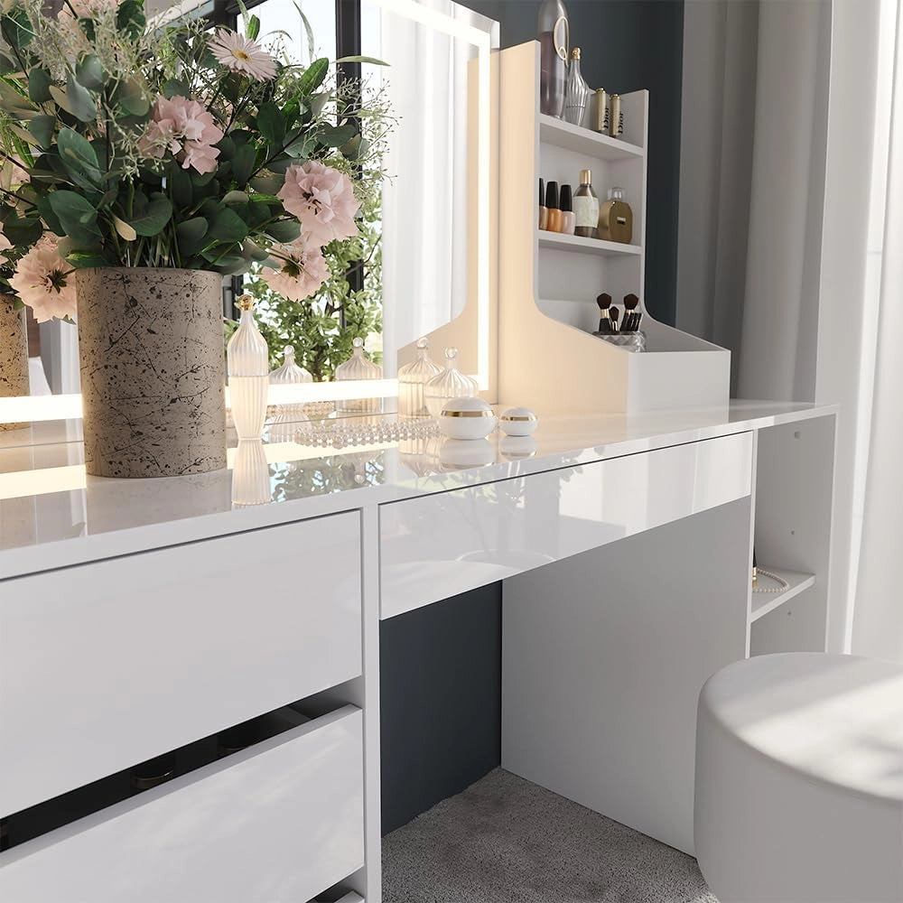 Tavolo da toeletta Sherry, Bianco/bianco lucido, 158.2 cm 4 parti, con illuminazione LED e sgabello imbottito