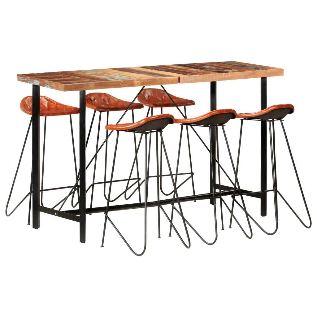 Set da Bar 7 pz in Legno Massello di Recupero e Vera Pelle cod mxl 31319