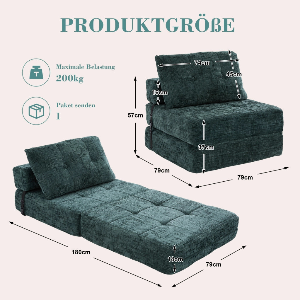 Sofà letto pieghevole in chenille verde smeraldo 79x79x57 cm; con cuscini