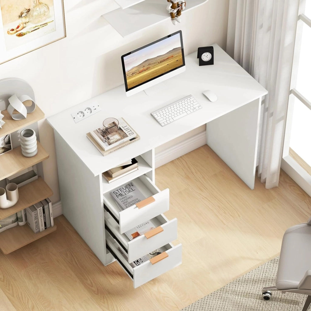 Scrivania per Casa con Presa Elettrica, Scrivania da 105 CM con 3 Cassetti e Scomparto Aperto, Postazione di Lavoro Moderna per Computer con Porte USB e Tipo-C, per Studio o Camera da Letto