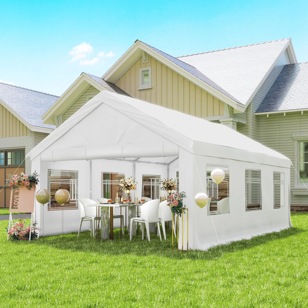 Gazebo da Giardino 4x6 m con Pannelli Laterali, 6 Finestre e Doppio Ingresso, in Acciaio Galvanizzato, Bianco