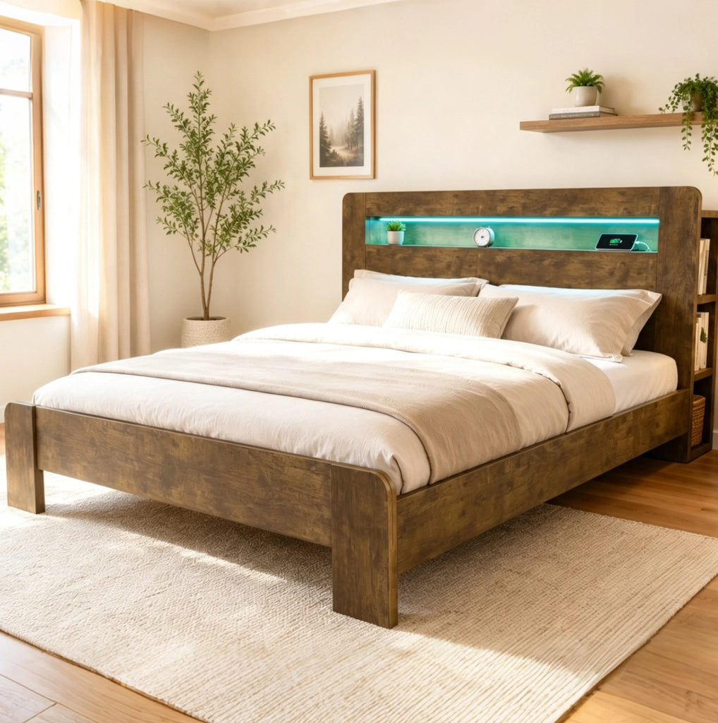 Letto matrimoniale multifunzione 180x200 cm in legno; con testiera contenitore; LED e prese