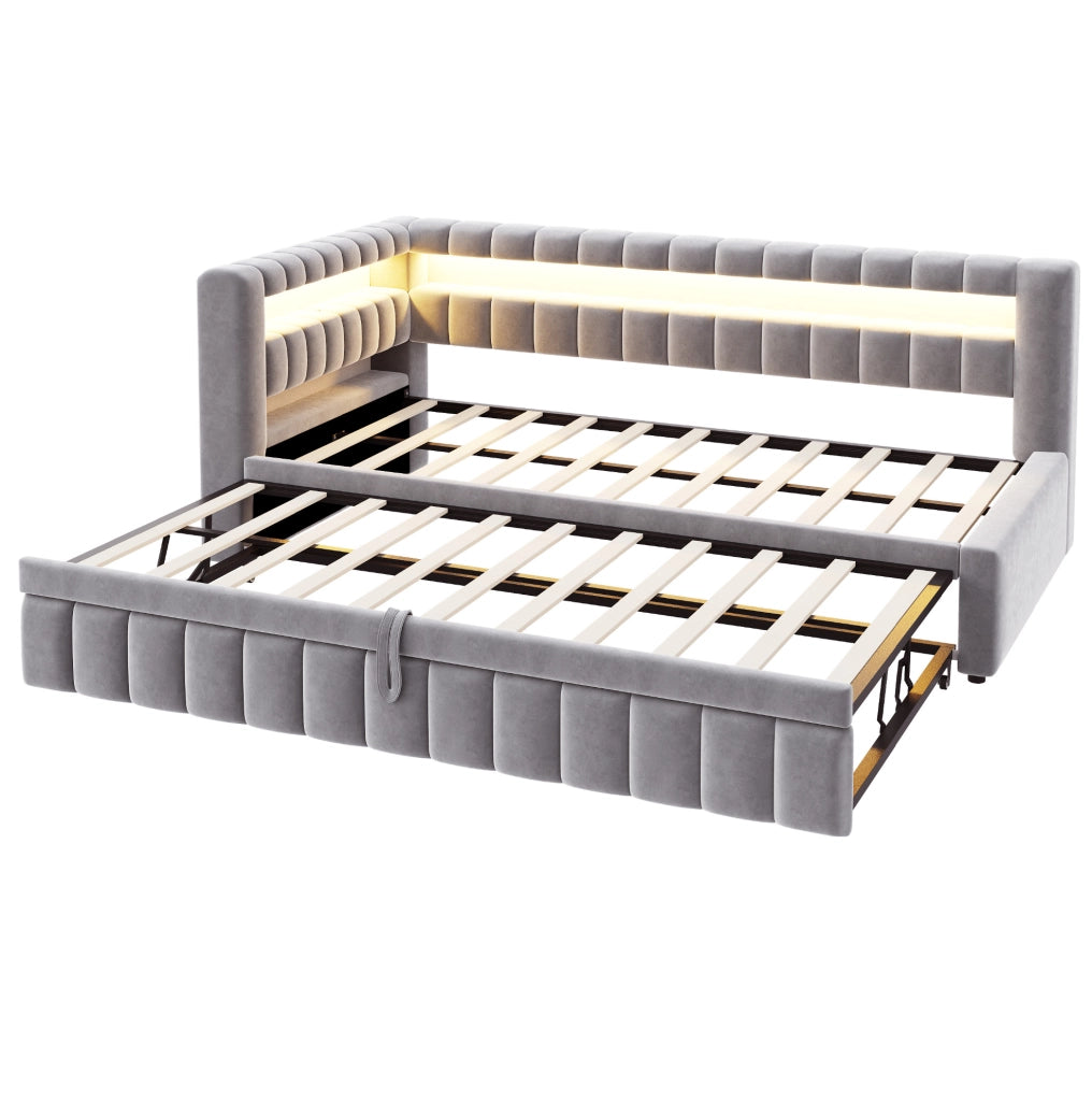 Divano letto imbottito estraibile 90x200 cm con LED; porte USB e Type-C; velluto grigio chiaro