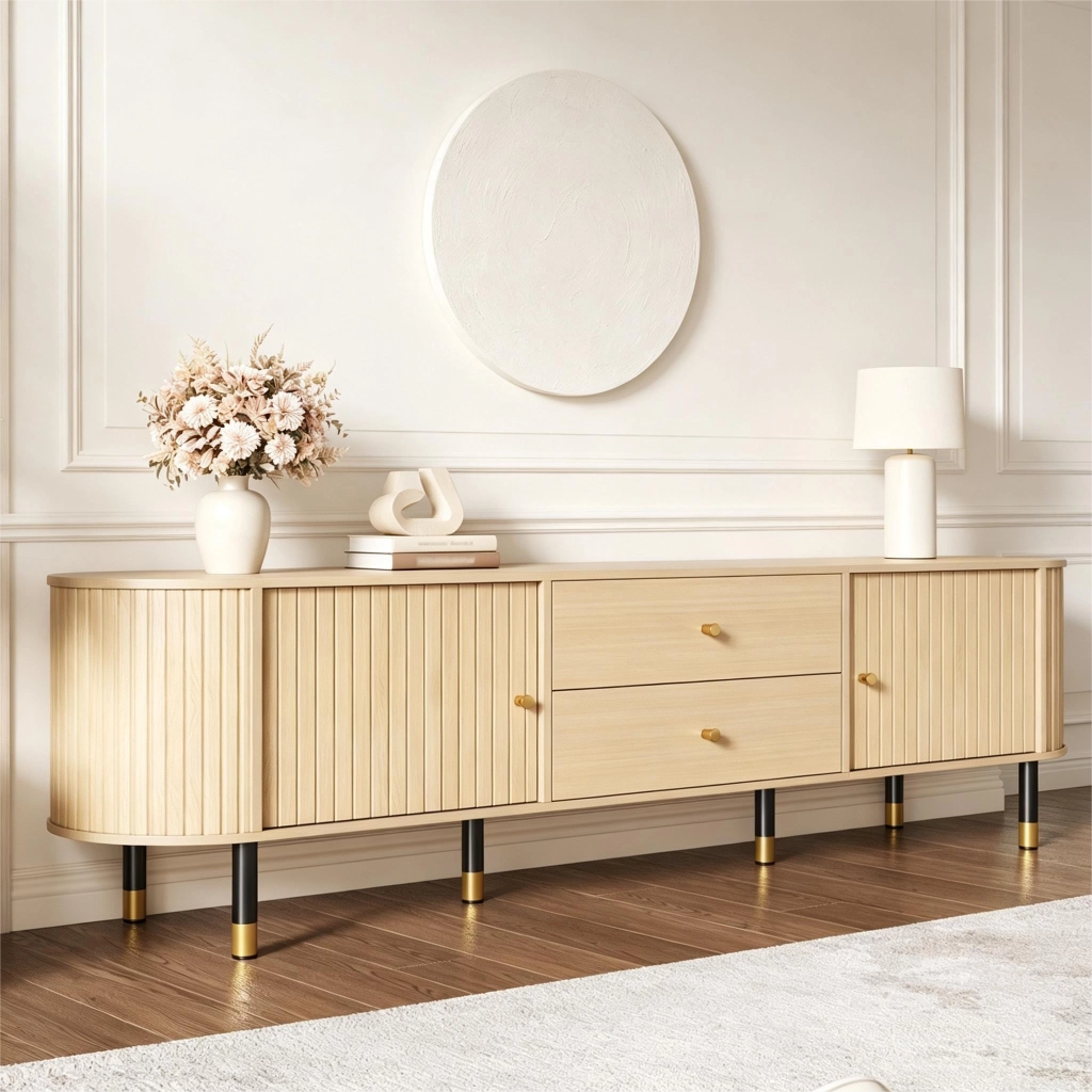 Mobile TV con 2 ante; 2 cassetti e passacavi - per soggiorno - 180×40×58 cm - naturale