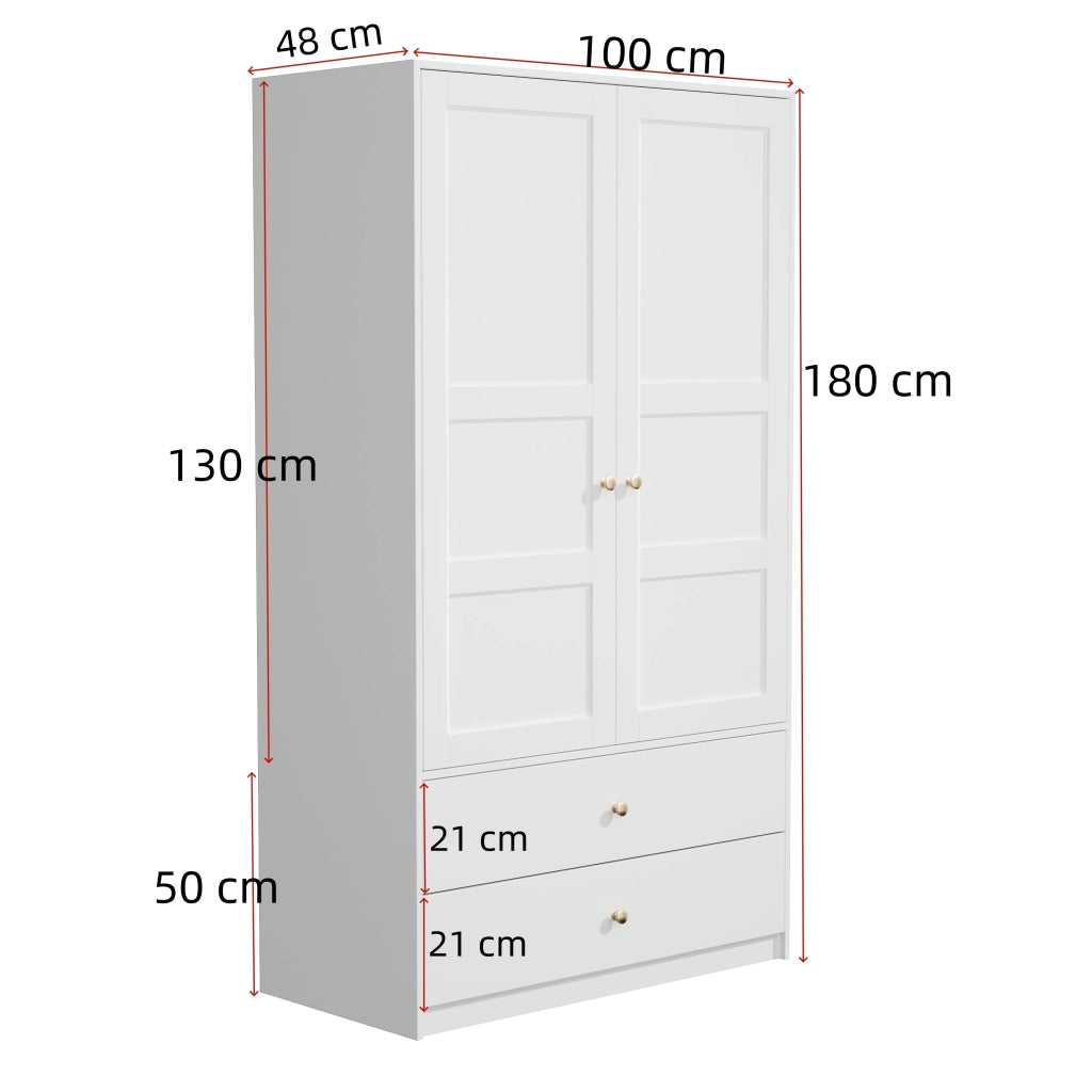 Armadio 2 ante con 2 cassetti e barra appendiabiti in MDF bianco per camera da letto 100 × 48 × 180 cm