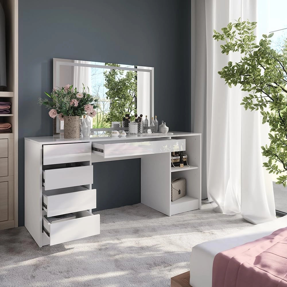 Tavolo da toeletta Sherry, Bianco/bianco lucido, 158.2 cm con specchio LED