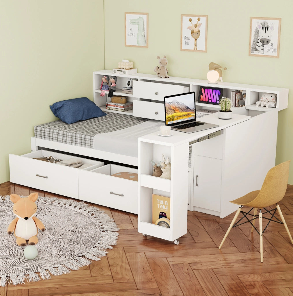 Letto singolo 90x200 cm in legno bianco con scrivania estraibile, cassetti e USB