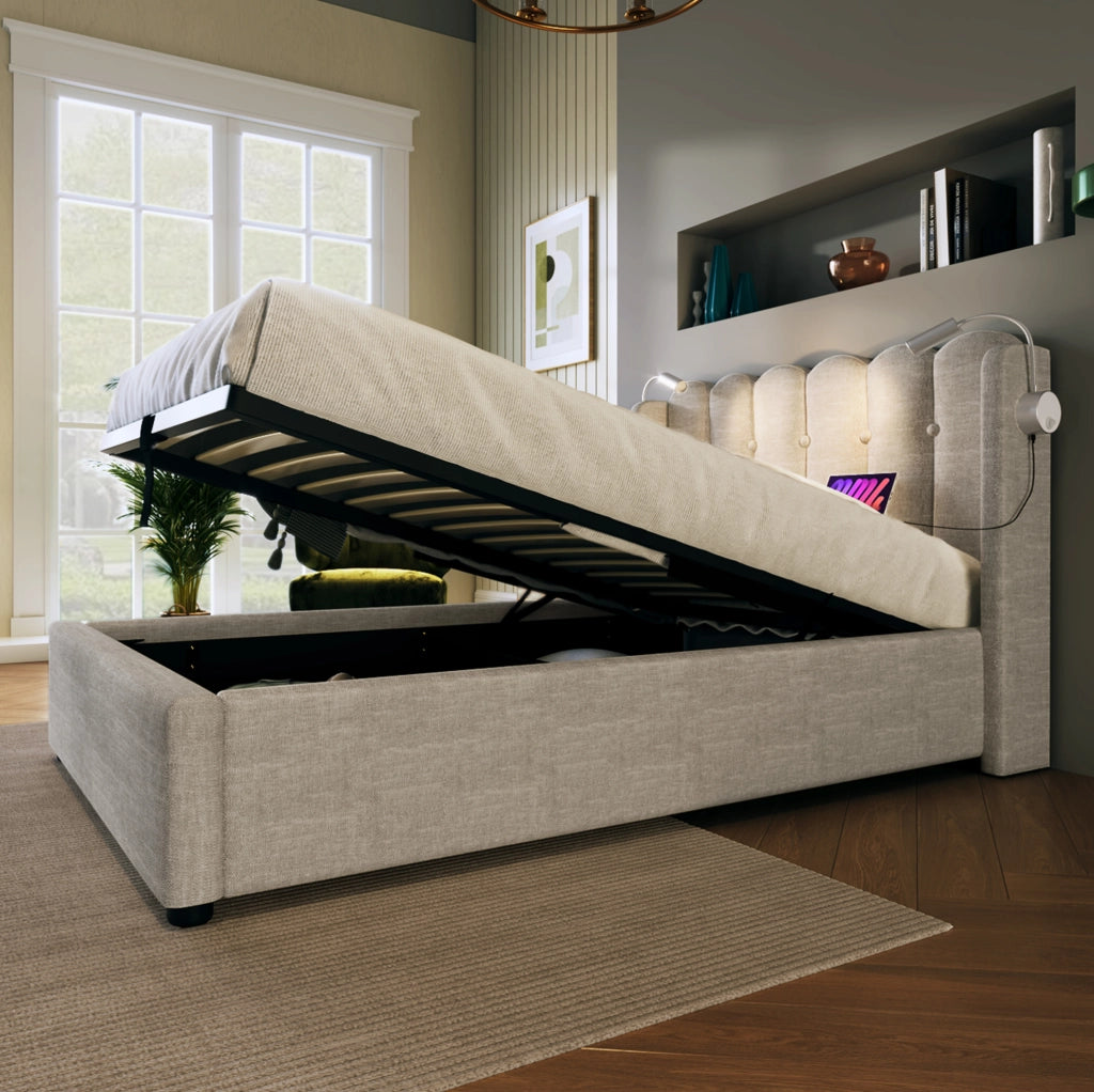 Letto contenitore 90x200 in lino beige con luce di lettura e USB