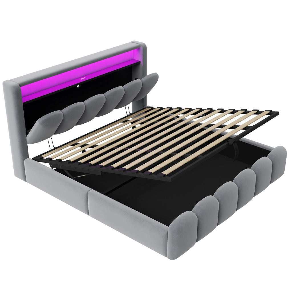 Letto imbottito 180x200 cm con contenitore; LED e porte USB in velluto grigio